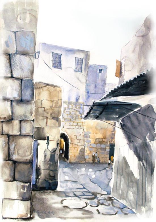 watercolors, israeli landscape, old haifa, buy painting for home