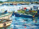 ציור אוירה,ציור שמן על ,ציור נוף שראלי,,fishing boats,seascape